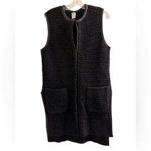 Club Monaco x M. Patmos 100% Merino Wool‎ Black Long Vest Leather Trim Pockets